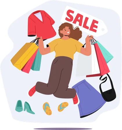 Happy woman crazy shopaholic jumping with lots of shopping bags enjoying sales  Illustration