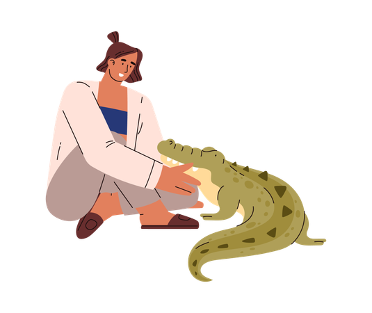 Happy woman cuddling with crocodile  Illustration