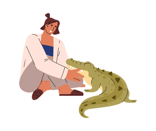 Happy woman cuddling with crocodile  Illustration