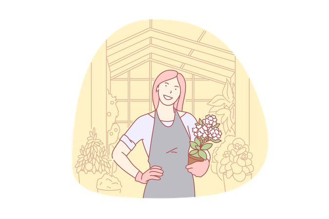 Happy woman cultivating greenhouse plants and flowers  Illustration