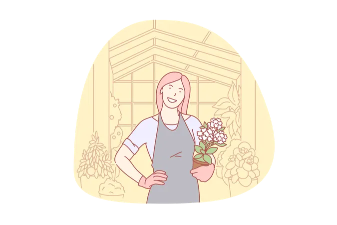 Happy woman cultivating greenhouse plants and flowers  일러스트레이션