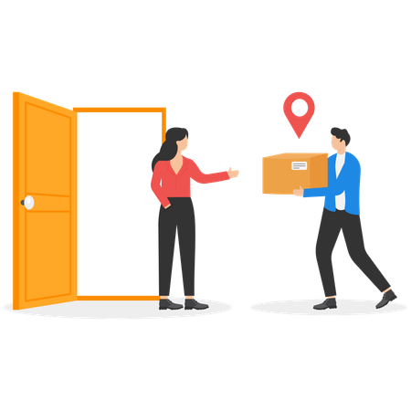 Happy woman customer meeting courier with package  Illustration