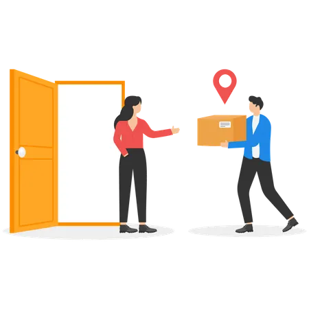 Happy woman customer meeting courier with package  Illustration