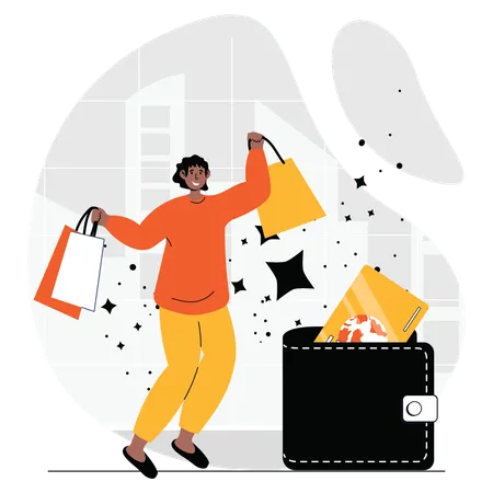 Happy woman dancing after shopping  Illustration