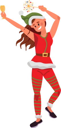 Christmas Party Character Happy Woman Dancing Holiday People In Xmas Textile Santa Elves Costume Disco Friends With Sparkles Vector Set Illustration Woman And Man Christmas And New Year Party Illustration