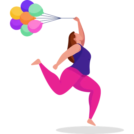Happy woman dancing while holding balloons  Illustration