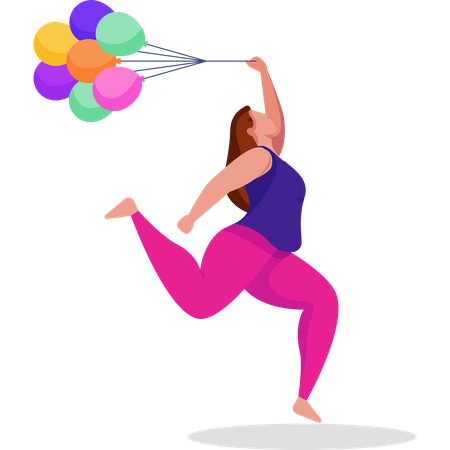 Happy woman dancing while holding balloons  Illustration