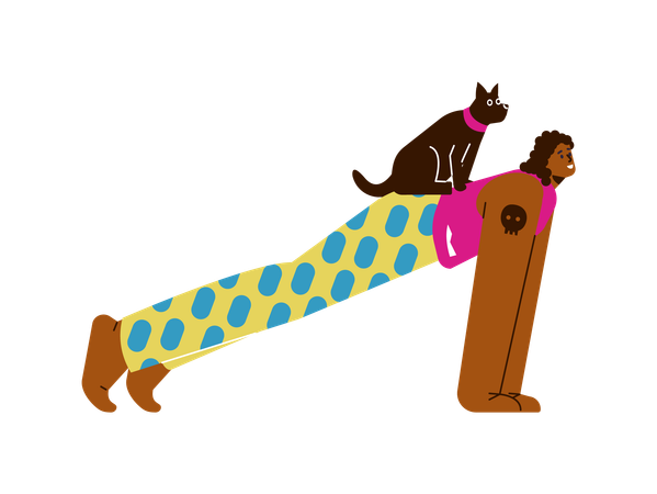 Happy woman doing plank exercise with dog on back  Illustration