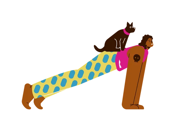 Happy woman doing plank exercise with dog on back  Illustration