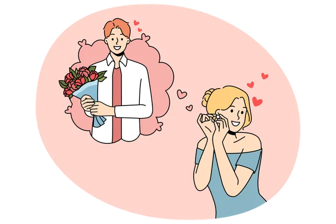Happy woman dreaming of man with flowers  Illustration