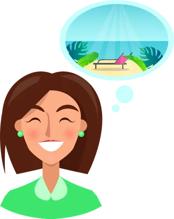 Happy Woman Dreams About Traveling Female Character Thinking About Vacation Resort Speech Bubble With Beach And Sea Above Head Of Lady Joyful Girl Looking Forward To Rest Summer Recreation Illustration