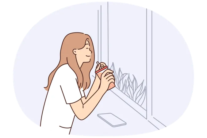 Happy woman drinking juice from dposable cup with straw sitting near window in cafe  Illustration