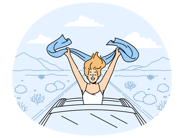 Happy woman drive in cabriolet in desert  Illustration