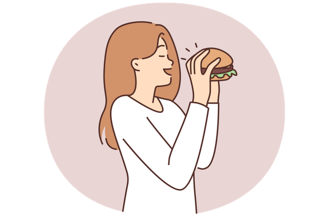 Happy woman eating delicious hamburger  Illustration