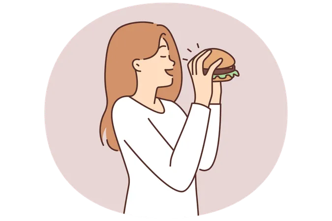 Happy woman eating delicious hamburger  Illustration