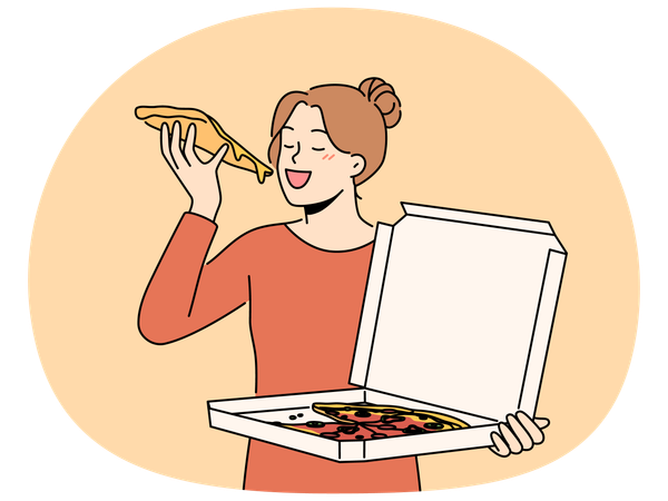 Happy woman eating pizza from box  Illustration
