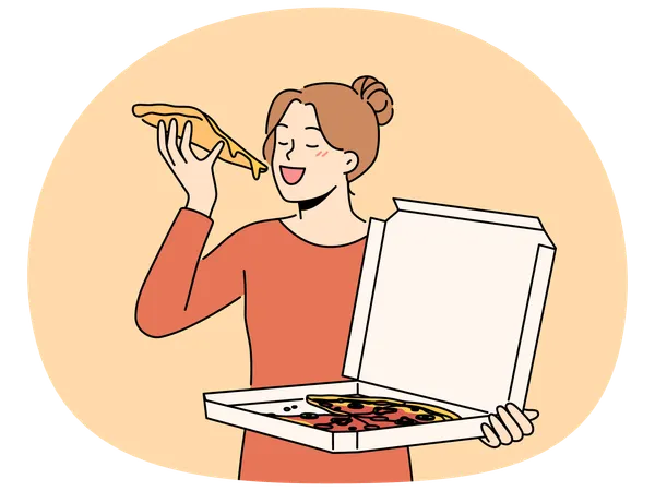 Happy woman eating pizza from box  Illustration
