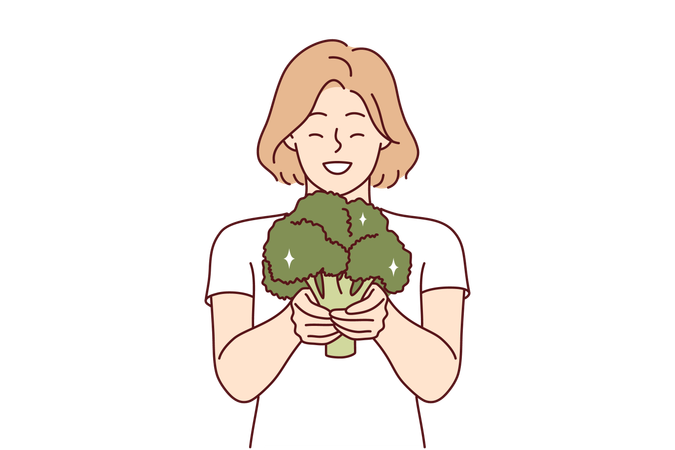 Happy woman eats only healthy vegetables  일러스트레이션