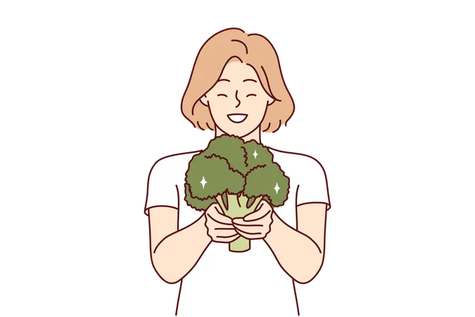 Happy Woman With Broccoli In Hands Recommends Going Vegan And Eating Only Fresh Organic Vegetables Smiling Girl Holding Broccoli Filled With Useful Vitamins For Body And Immunity Illustration