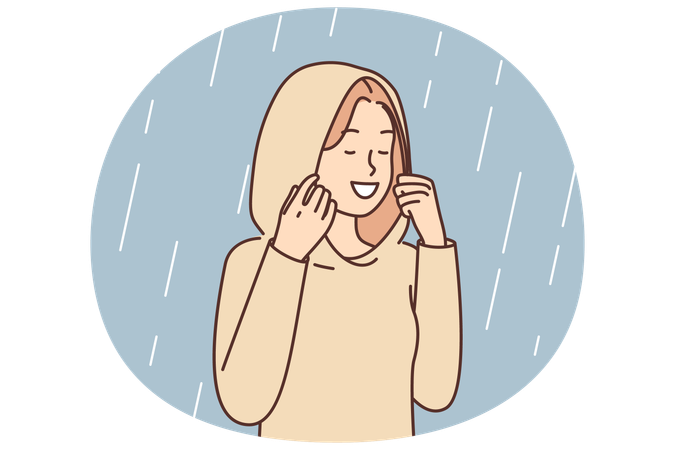 Happy woman enjoying autumn rain standing in autumn raincoat with hood that protects against drops  Illustration