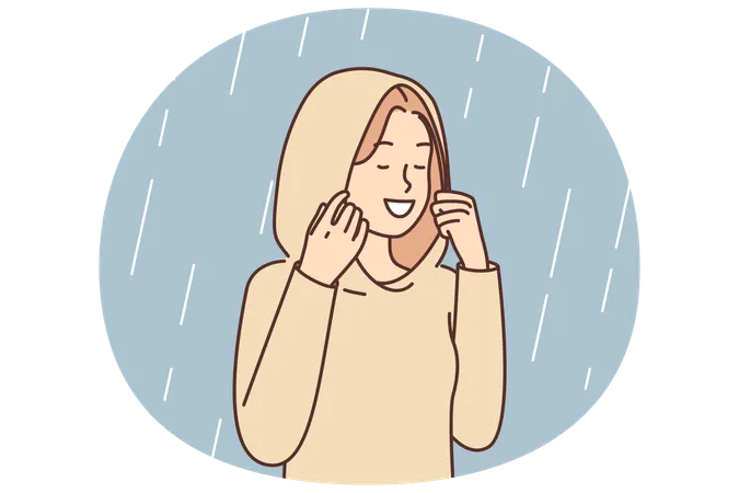Happy woman enjoying autumn rain standing in autumn raincoat with hood that protects against drops  Illustration