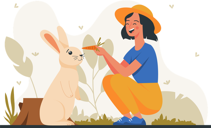 Happy woman feeding rabbits  Illustration