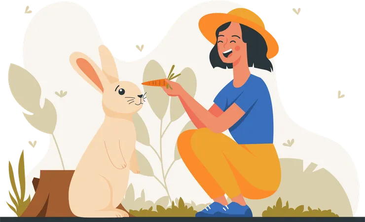 Happy woman feeding rabbits  Illustration