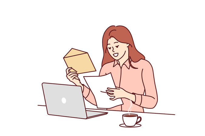 Happy woman freelancer is opening an envelope  Illustration