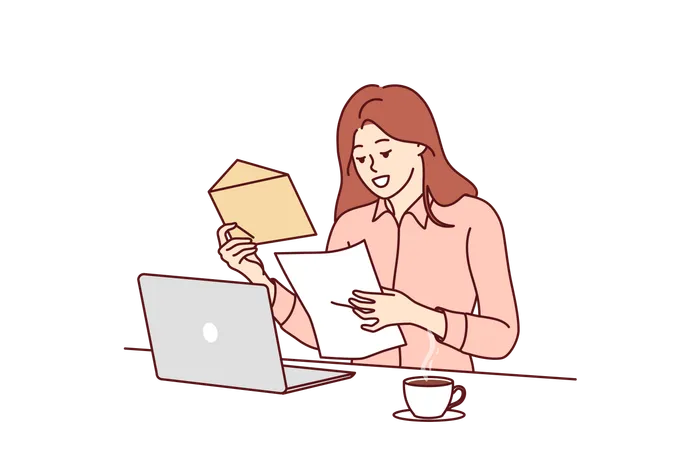 Happy Woman Freelancer Opens Envelope With Letter Standing Near Table With Laptop And Cup Of Coffee Freelancer Girl Reads Contract To Perform Work Commissioned By Commercial Company Illustration