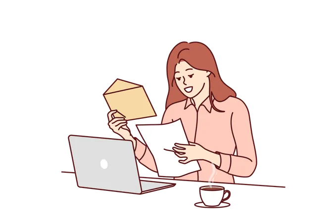 Happy woman freelancer is opening an envelope  Illustration