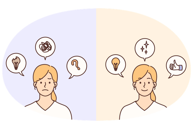 Happy woman generate ideas and lose motivation  Illustration