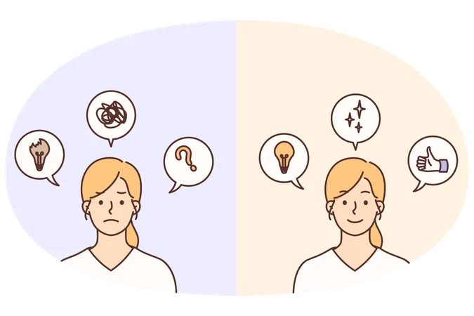 Happy woman generate ideas and lose motivation  Illustration