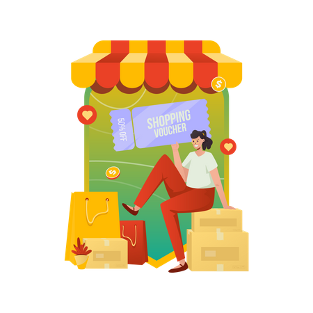 Happy woman getting shopping vouchers  Illustration