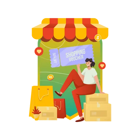 Happy Woman Getting Shopping Vouchers Concept Illustration