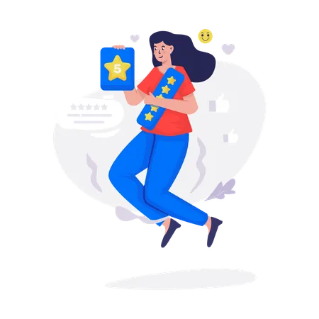 Happy woman give five-star ratings  Illustration