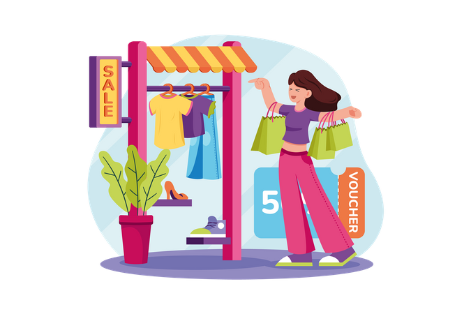 Happy Woman Going For Cloth Shopping And Got Discount On Clothes  Illustration