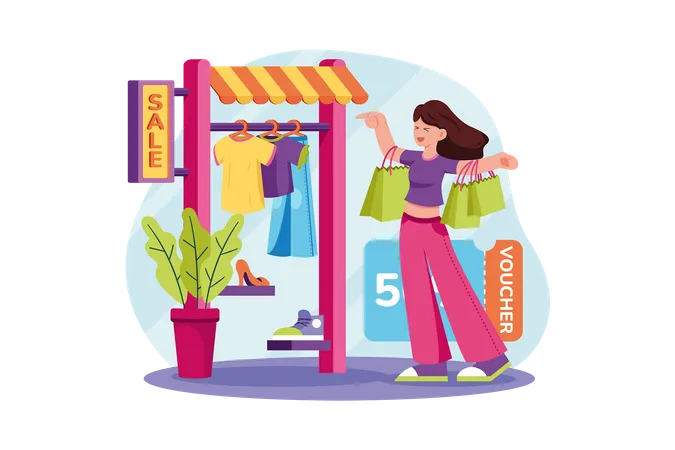 Happy Woman Going For Cloth Shopping And Got Discount On Clothes  Illustration