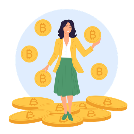 Happy woman holding big bitcoin  Illustration
