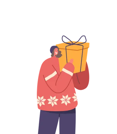 Happy Woman Holding Big Gift Box  Illustration