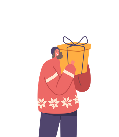 Happy Woman Holding Big Gift Box Illustration