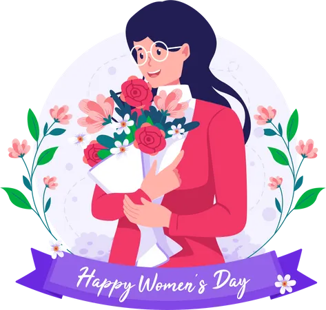 Happy woman holding bouquet of flowers Illustration