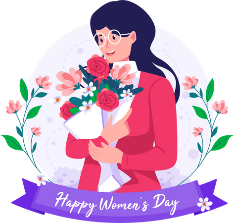 Happy woman holding bouquet of flowers  Illustration