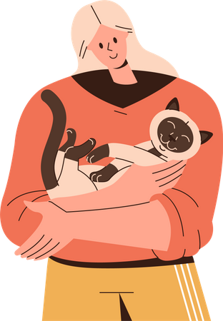 Happy woman holding cat in her arms Illustration