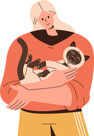 Happy woman holding cat in her arms  Illustration