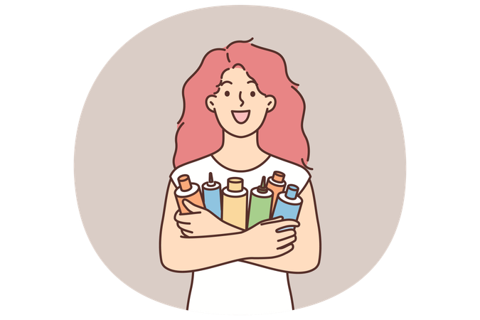 Happy woman holding cosmetic products for hair care to make hair splendid and silky  Illustration