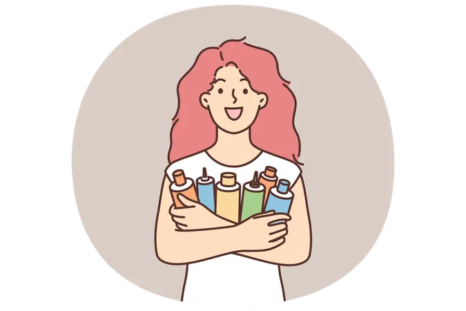 Happy woman holding cosmetic products for hair care to make hair splendid and silky  Illustration
