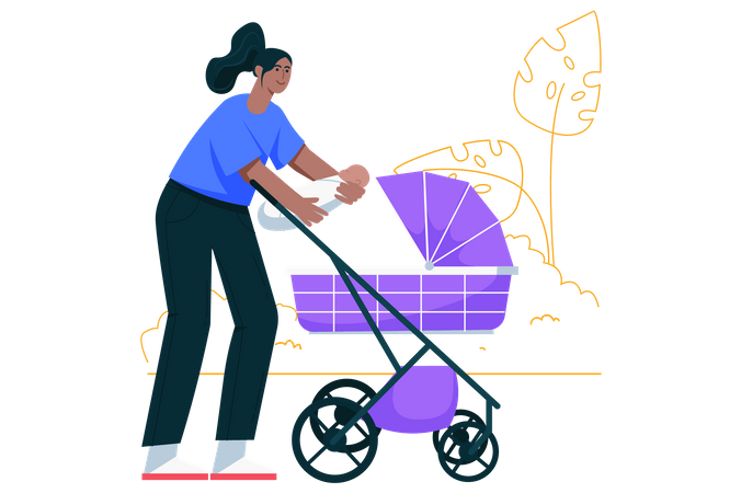 Happy woman holding cute baby and putting him in stroller  Illustration