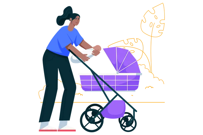 Happy woman holding cute baby and putting him in stroller  Illustration