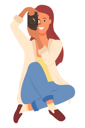 Happy woman holding digital camera and doing photography  Illustration