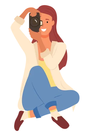 Happy woman holding digital camera and doing photography  Illustration